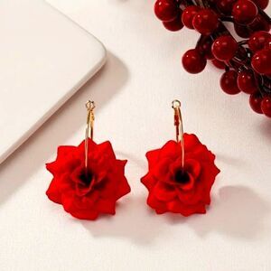 Hoop Earrings with Elegant Red Flower Design Unique and Bohemian Style